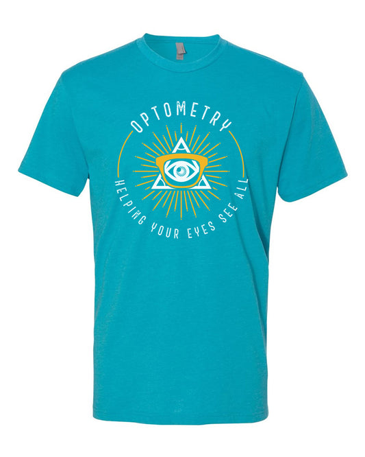 Bondi blue tee with white text reading "Optometry - Helping Your Eyes See All" arranged in a ring around a gold and white all-seeing eye with a monocular glasses frame over it.