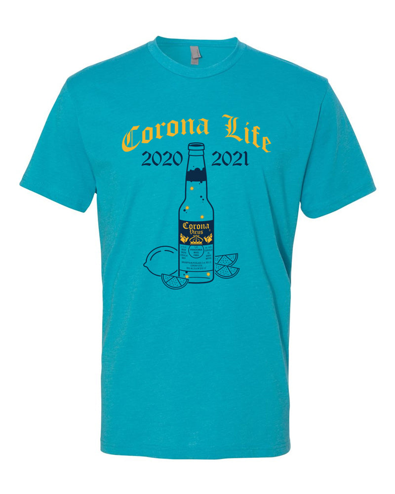 Bondi blue tee with gold blackletter text that reads "Corona Life 2020-2021" over navy beer bottle with small gold coronaviruses inside.