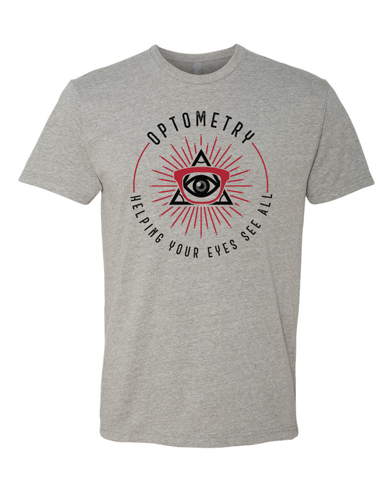 Dark Heather tee with black text reading "Optometry - Helping Your Eyes See All" arranged in a ring around a black and red all-seeing eye with a monocular glasses frame over it.