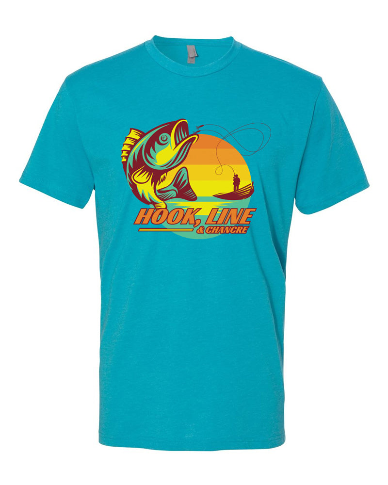 Bondi blue tee with orange, yellow, brown and sea-green vintage-styled fishing graphic with leaping fish in the foreground and fisher in a rowboat in the background.  Bold text below reads "Hook, Line, & Chancre"