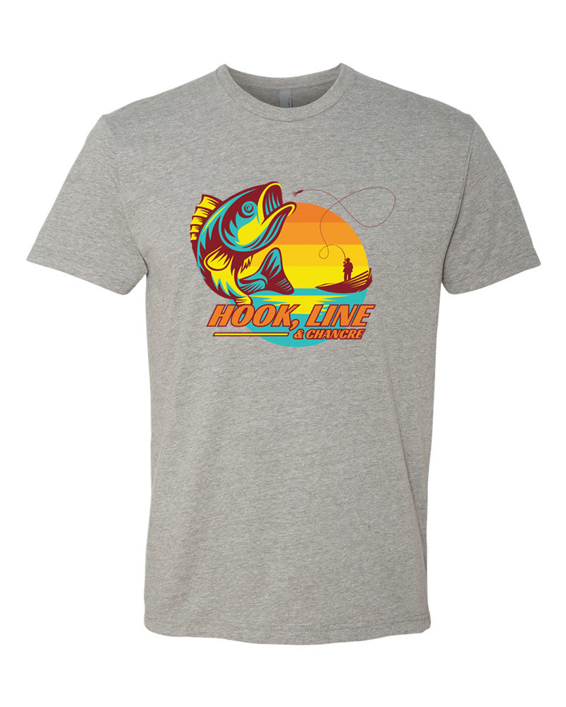 Dark heather tee with orange, yellow, brown and sea-green vintage-styled fishing graphic with leaping fish in the foreground and fisher in a rowboat in the background.  Bold text below reads "Hook, Line, & Chancre"