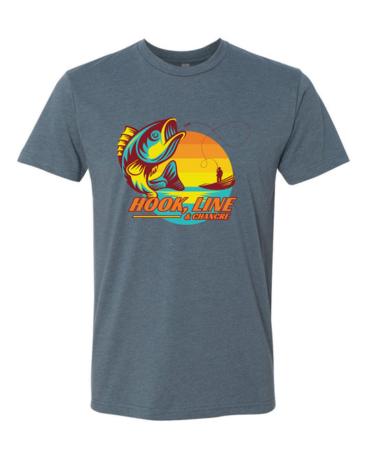 Indigo tee with orange, yellow, brown and sea-green vintage-styled fishing graphic with leaping fish in the foreground and fisher in a rowboat in the background.  Bold text below reads "Hook, Line, & Chancre"