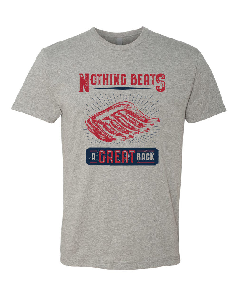 Dark heather tee with red and navy imprint that reads "Nothing beats a GREAT rack," showing a rack of ribs in red with navy rays radiating out from it.